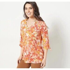 Susan Graver Weekend Printed Cool Touch 3/4 Sleeve Top Shirt Clay Gold M New